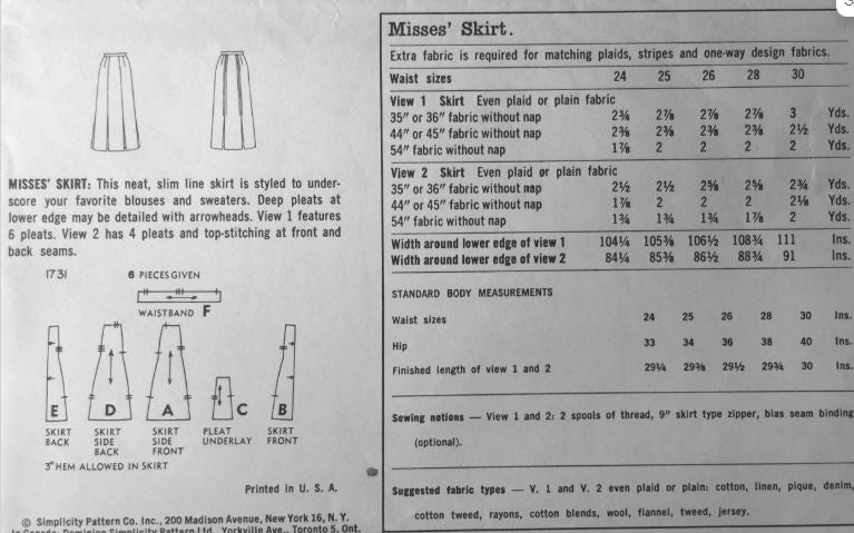 50s Slim Fitted Pleated Midi Skirt Modest Vintage Sewing Pattern Simplicity 1731 W28