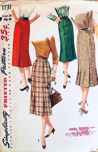 50s Slim Fitted Pleated Midi Skirt Modest Vintage Sewing Pattern Simplicity 1731 W28