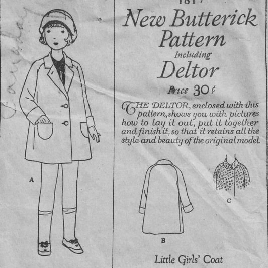 20s Deltor Flapper Era Girls Reefer Coat Antique Vintage Sewing Pattern COMPLETE Size 7 Butterick 1817