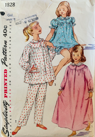 50s Girls Two Piece Pajamas Pattern Long Nightgown Babydoll PJs Sewing Pattern Simplicity 1828 Size 8