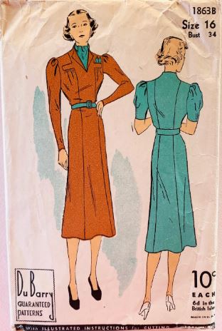 30s Slit Neckline Day Dress w/ Princess Seams Puff Sleeves w/ Length Option Panelled Skirt Vintage Sewing Pattern Dubarry 1863 B34