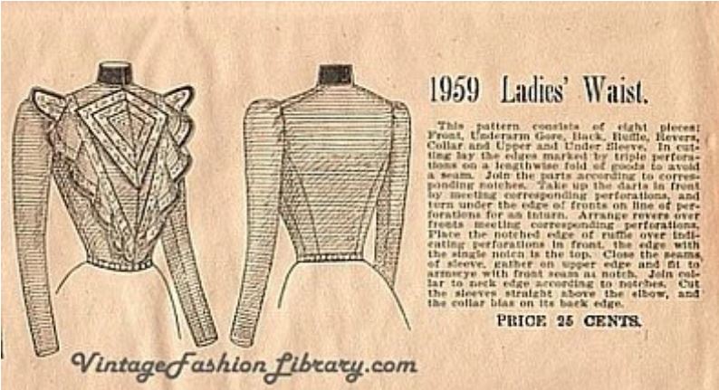 Turn of the Century 1900s Edwardian Fitted Waist Blouse Steampunk Vintage Sewing Pattern Cosmopolitan 1959 B34