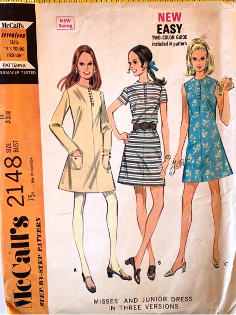 60s Classic A Line Shift Dress w/ Pockets 3 Versions Sleeveless Short Sleeve Button Interest EASY Vintage Sewing Pattern McCalls 2148 B33