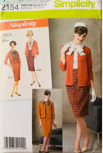 60s Womens Suit w/ Pussy Bow Blouse Pencil Skirt & Boxy Jacket Sewing Pattern Simplicity 2154  B30-36