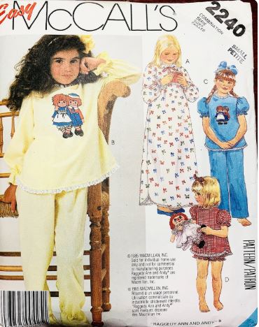 Kids Girls Sleepwear 2 Piece Pajama Set Baby Doll Pajamas Long Nightgown EASY Wounded Bird Sewing Pattern w/ Raggedy Ann Transfer McCalls 2240 Small Size 6