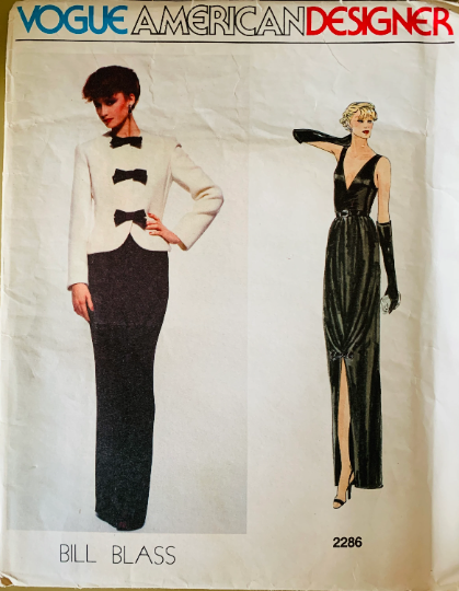 70s Slinky Evening Dress w/ Plunging Neckline & Slit Disco Era Evening Gown & Tuxedo Jacket w/ Bow Trim Bill Blass Petite Vintage Sewing Pattern Vogue American Designer 2286 B31