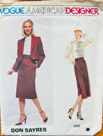80s Womens Suit w/ Pintuck Blouse Blazer Jacket & Dirndl Skirt Vogue Designer Petite Sewing Pattern 2300 B32