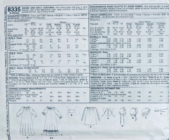 Girls Pioneer Costume Maxi Dress Cottage Core Dresses Frontier Settler Prairie Puritan Costumes Sewing Pattern McCalls 2337 Size 7