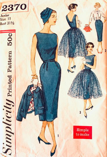 50s Sexy Wiggle Sheath Dress Bateau Neckline Nipped Waist Cocktail Overskirt w/ Cropped Jacket EASY Petite Vintage Sewing Pattern Simplicity 2370 B31
