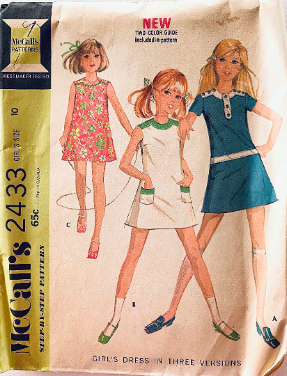 70s Girls A Line Dress w/ Pockets Ring Collar Sleeveless Short Sleeves Vintage Sewing Pattern McCalls 2433 B28 Size 10