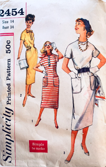 60s Sheath Dress w/ Pockets Short Sleeves Summer Dresses EASY Vintage Sewing Pattern Simplicity 2454 B34