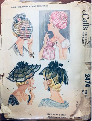60s Hat Veil Hats Millinery Curler Cap Drawstring Bag Vintage Sewing Pattern McCalls 2474