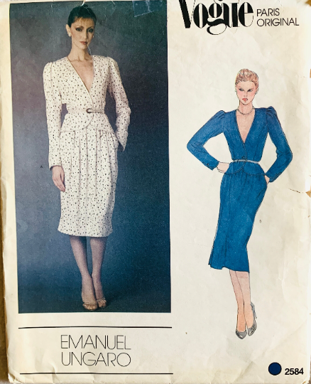 80s does 40s Peplum Dress w/ Pockets Designer Emanuel Ungaro Petite Vintage Sewing Pattern Vogue 2584 B31