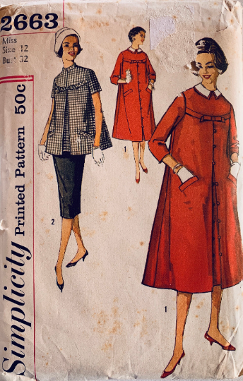50s Maternity Coat Dress Skirt & Top Peter Pan Collar Blouse Vintage Sewing Pattern Simplicity 2663 B32