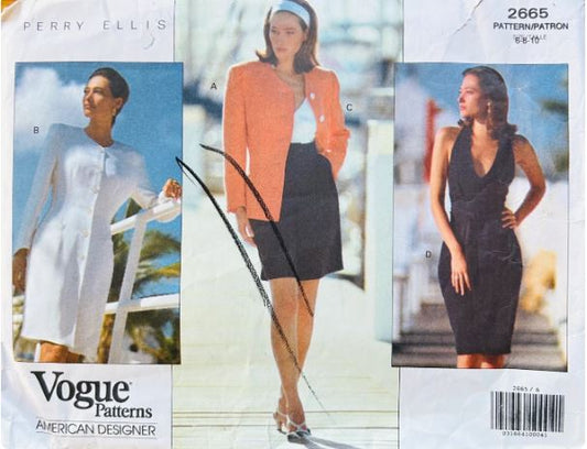 90s Minimalist Button Front Dress Mini Skirt Cardigan Jacket Halter Dress Designer Perry Ellis Vintage Petite Sewing Pattern Vogue 2665 B30