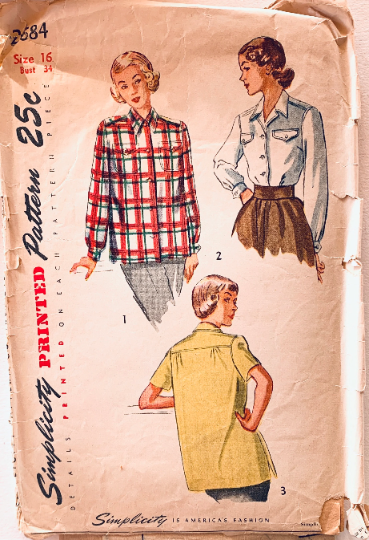 40s Womens Button Front Top Long Sleeve Blouse Work Shirt Vintage Sewing Pattern Simplicity 2684 B34