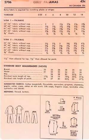 Girls Two Piece Pajama Set Pajamas Pants Sleepwear Vintage Sewing Pattern Advance 2706 Size 6