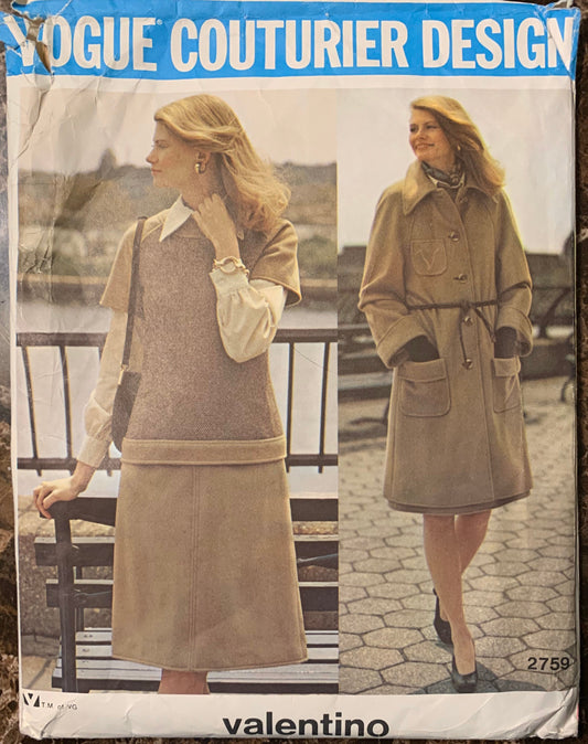 70s Raglan Sleeve Coat A Line Skirt Fitted Knit Top Straight Leg Pants Valentino Designer Petite Vintage Sewing Pattern Vogue Couturier Design 2759 B32
