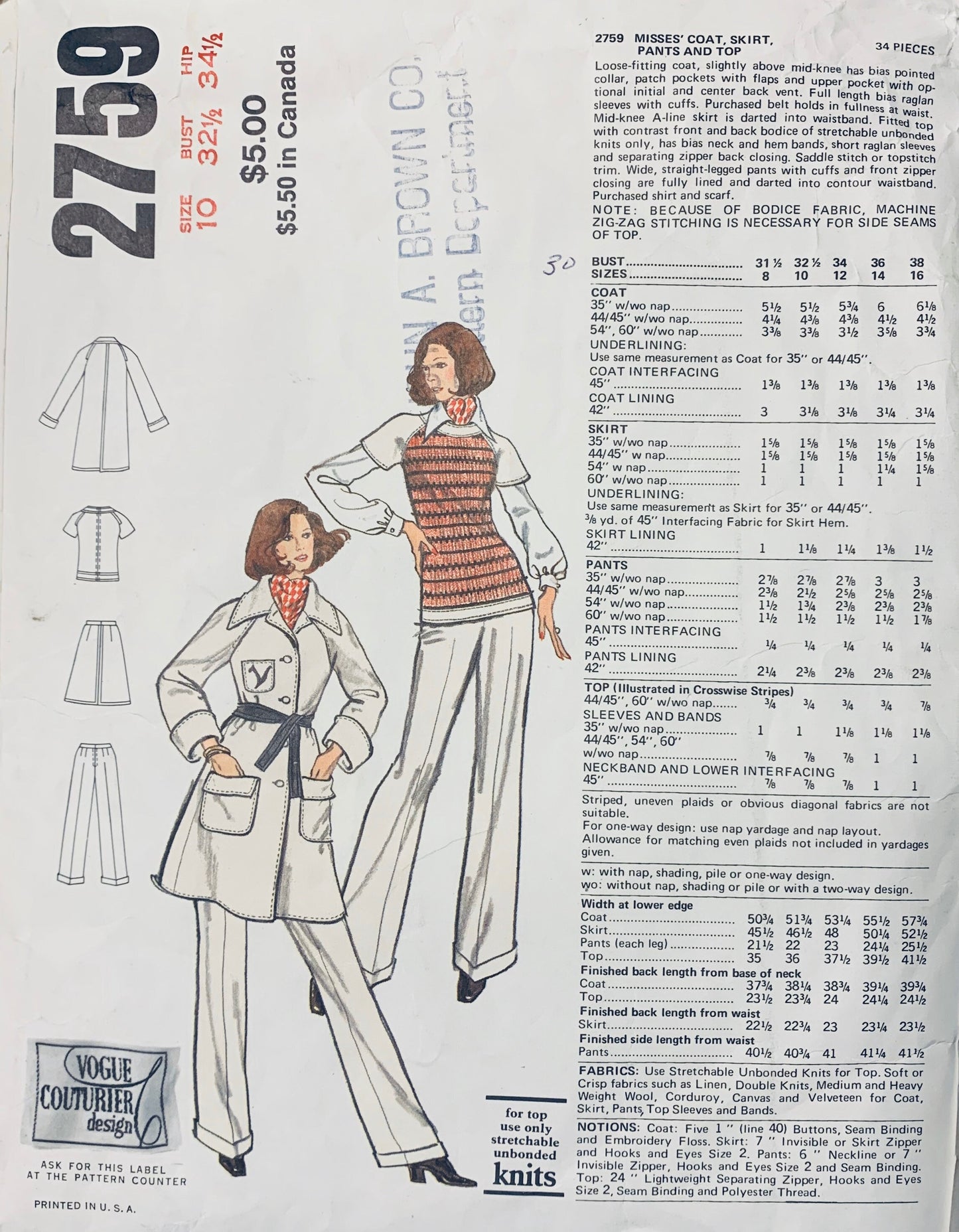 70s Raglan Sleeve Coat A Line Skirt Fitted Knit Top Straight Leg Pants Valentino Designer Petite Vintage Sewing Pattern Vogue Couturier Design 2759 B32