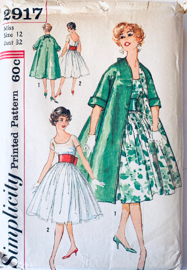 50s Sleeveless Dress w/ U Back Cummerbund Waist & Matching Tent Coat Trapeze Coats Vintage Petite Sewing Pattern Simplicity 2917 B32