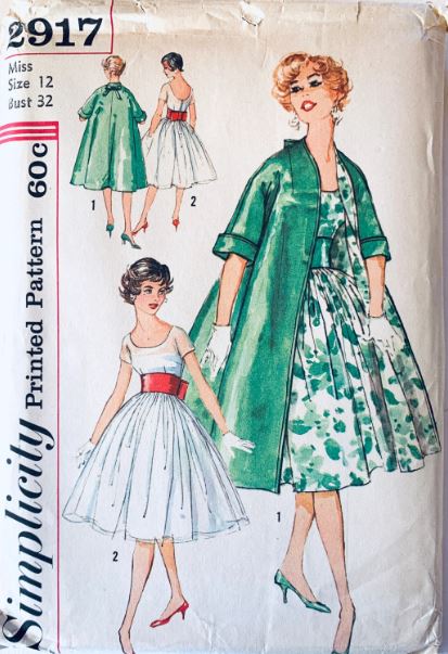 50s Fit N Flare Party Dress U Back Cocktail Dress w/ Matching Trapeze Coat Petite Vintage Sewing Pattern Simplicity 2917 B32