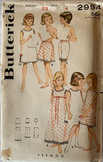 Little Girls Toddler Vintage Full Half Slip Empire Nightgown Panties Sewing Pattern Butterick 2994 Size 4