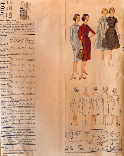 60s Vogue Basic Dress Pattern Bateau Neckline Collarless Shirtwaist Day Sheath Half Size Cocktail Dress Sewing Pattern 3004 B35