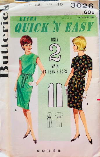 60s EASY Blouson Sleeveless or Short Sleeve Dress Vintage Sewing Pattern Butterick 3026 B36