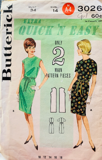 60s EASY Blouson Sleeveless or Short Sleeve Dress Vintage Sewing Pattern Butterick 3026 B34