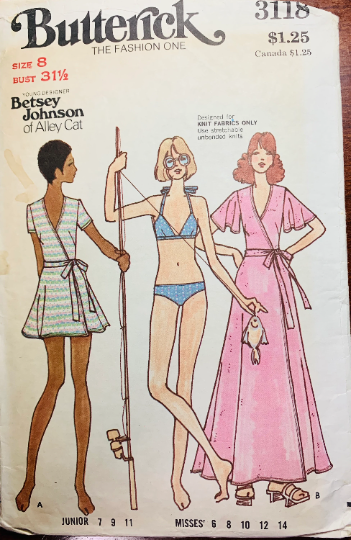 70s Swimsuit Bathing Suit Bikini Swim Suit & Wrap Coverup Robe Cover Up Betsey Johnson Designer Petite Vintage Sewing Pattern Butterick 3118 B31