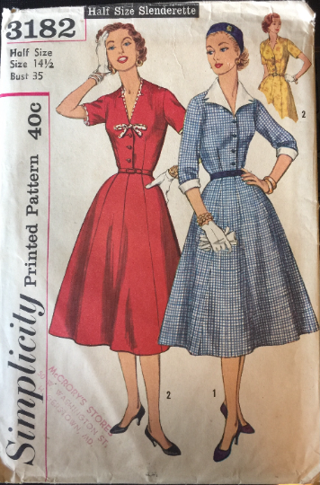 50s Pointed Notch Collar Bow Trim Shirtwaist Dress Full Gored Skirt Slenderette Half Size Vintage Sewing Pattern Simplicity 3182 B35