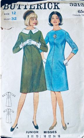 60s A Line Dress w/ Sleeve Variations Collarless Detachable Roll Collar Dresses Petite Vintage Sewing Pattern Butterick 3213 B32