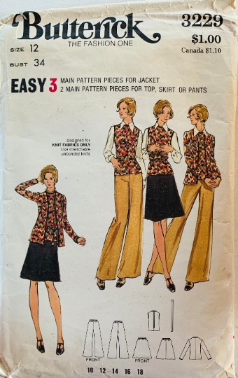 70s Pattern Flared Pants A Line Skirt w/ Vest Jacket & Pointed Collar Blouse Easy Vintage Sewing Pattern Butterick 3229 B34