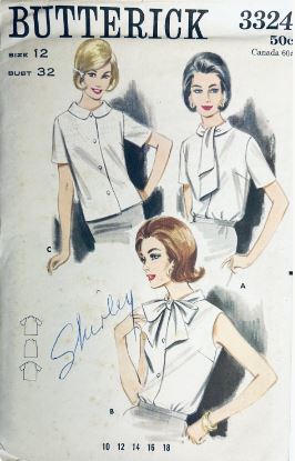 60s Womens Button Front Blouse w/ Peter Pan Collar Pussy Boy Short Sleeves Sleeveless Top Petite Vintage Sewing Pattern Butterick 3324 B32
