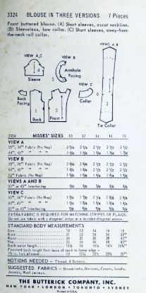 60s Womens Button Front Blouse w/ Peter Pan Collar Pussy Boy Short Sleeves Sleeveless Top Petite Vintage Sewing Pattern Butterick 3324 B32