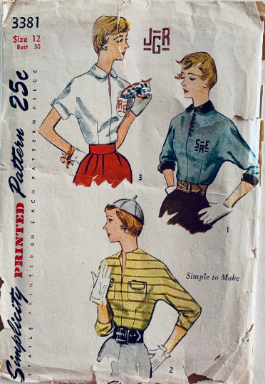 50s Ladies Blouses Peter Pan Collar Slit Neckline Pocket Monogram Dolman Sleeves Embroidery Transfer Easy Vintage Petite Sewing Pattern Simplicity 3381 B30