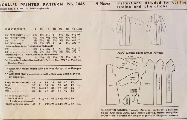 50s Long Winter Coat Straight Clutch Coats Vintage Petite Easy Sewing Pattern McCalls 3445 B30