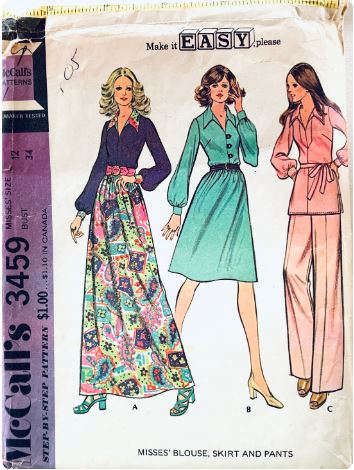 70s Gathered Skirt in 2 Lengths w/  Tunic Top & Stovepipe Pants Bishop Sleeves EASY Vintage Sewing Pattern McCalls 3459 B34