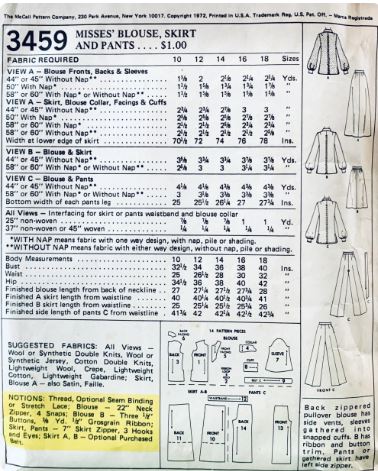 70s Gathered Skirt in 2 Lengths w/  Tunic Top & Stovepipe Pants Bishop Sleeves EASY Vintage Sewing Pattern McCalls 3459 B34