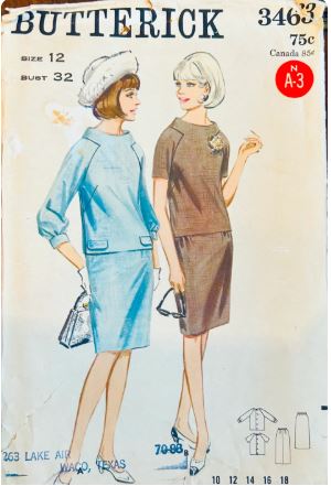 60s Womens Suit Two Piece Dress w/ Standaway Collar Top & Skirt Petite Vintage Sewing Pattern Butterick 3463 B32