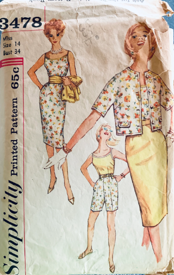 60s Strappy Fitted Cocktail Dress w/ Cummerbund Sash & Bolero Bermuda Shorts Vintage Sewing Pattern Simplicity 3478 B34