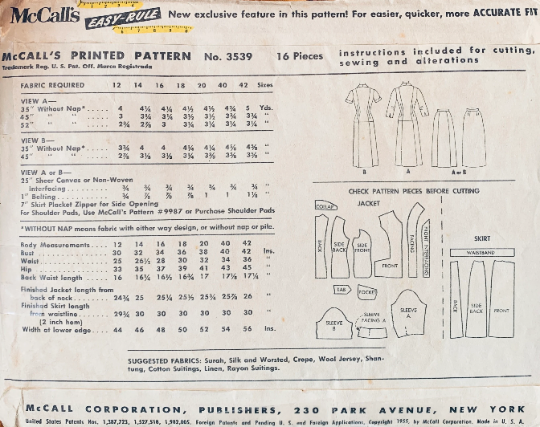 50s Nipped Waist Fitted Princess Seam Suit Jacket Skirt Vintage Sewing Pattern McCalls 3539 B34