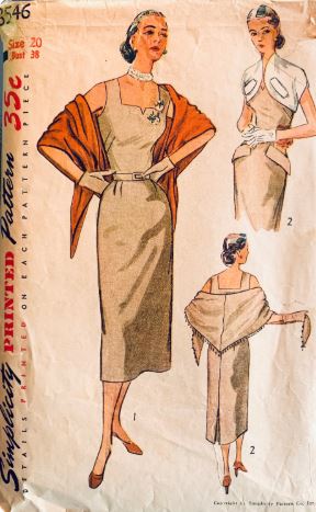 50s Fitted Bombshell Sheath Dress w/ Curved Cropped Bolero Jacket or Shawl Plus Size Vintage Sewing Pattern Simplicity 3546 B38
