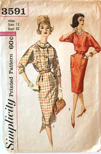 60s Fitted Sheath Dress Wiggle Faux Shirtwaist w/ Square Armholes & Pockets Petite Vintage Sewing Pattern Simplicity 3591 B32