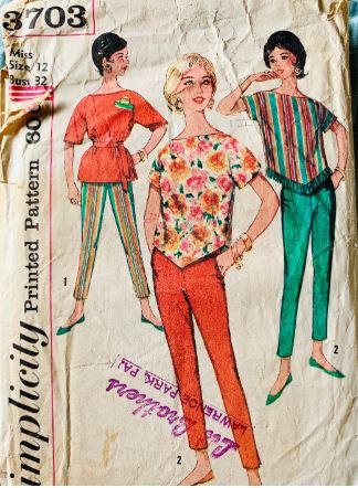60s Skinny Pants Capris Trousers w/ Geometric Top Vintage Petite Sewing Pattern Simplicity 3703 B32