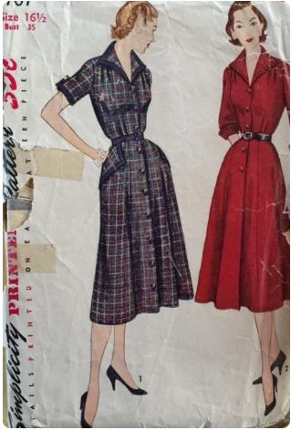 50s Womens Button Front Day Dress Vintage w/ Pockets & Sleeve Options Half Size Sewing Pattern Simplicity 3707 B35