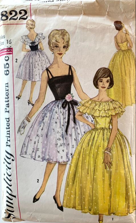 60s Ruffled Southern Belle Prom Dress w/ Neckline Options Wedding Bridesmaid Formal Vintage Sewing Pattern Simplicity 3822 B36