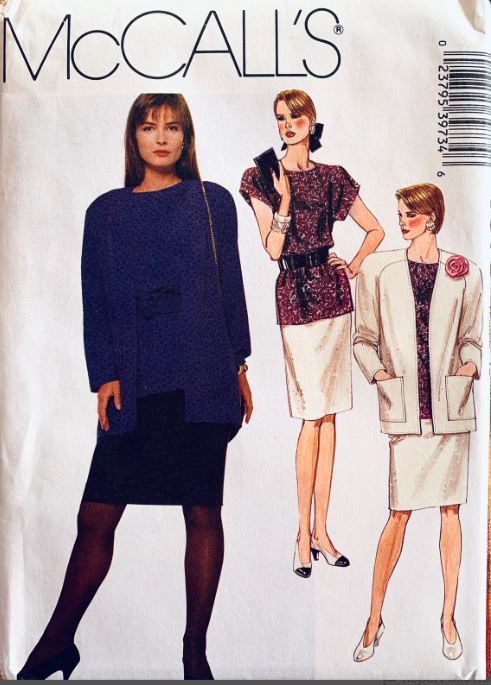 80s Womens Power Suit Skirt Loose Jacket Cap Sleeve Tunic Top Plus Size Vintage Sewing Pattern McCalls 3973 B38