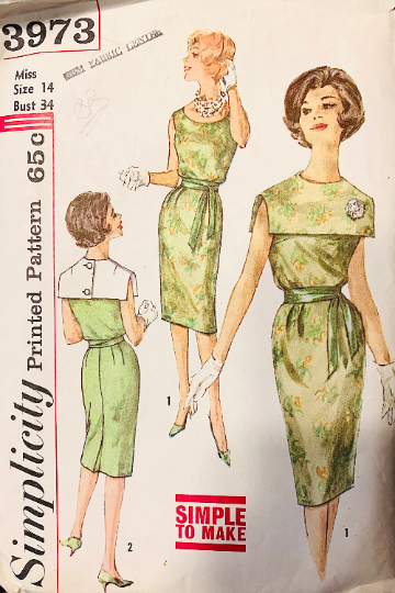 60s Fitted Sleeveless Sheath Dress w/ Detachable Collar Vintage Easy Sewing Pattern Simplicity 3973 B34