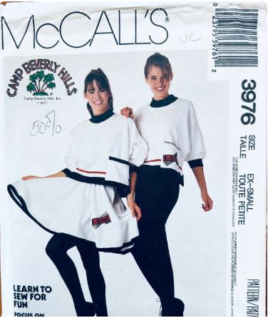 80s Circle Mini Skirt & Pullover Sweatshirt Top & Stirrup Pants Vintage Petite Sewing Pattern McCalls 3976 XS